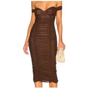Majorelle Ruched Off-Shoulder Midi Dress Chocolate Brown Size Small NWT